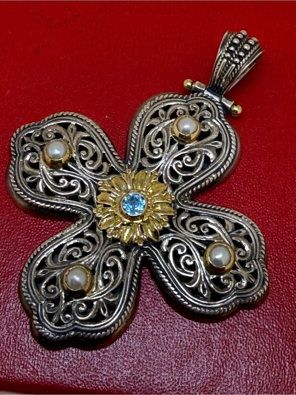 RARE large Konstantino Cross Pendant 925 Sterling Silver 18K Gold Center pearl